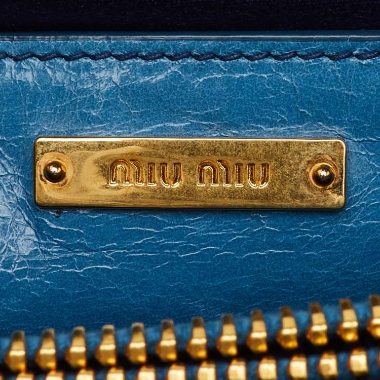 Pre Owned Miu Miu Blue Vitello Shine Leather Double Zip Tote