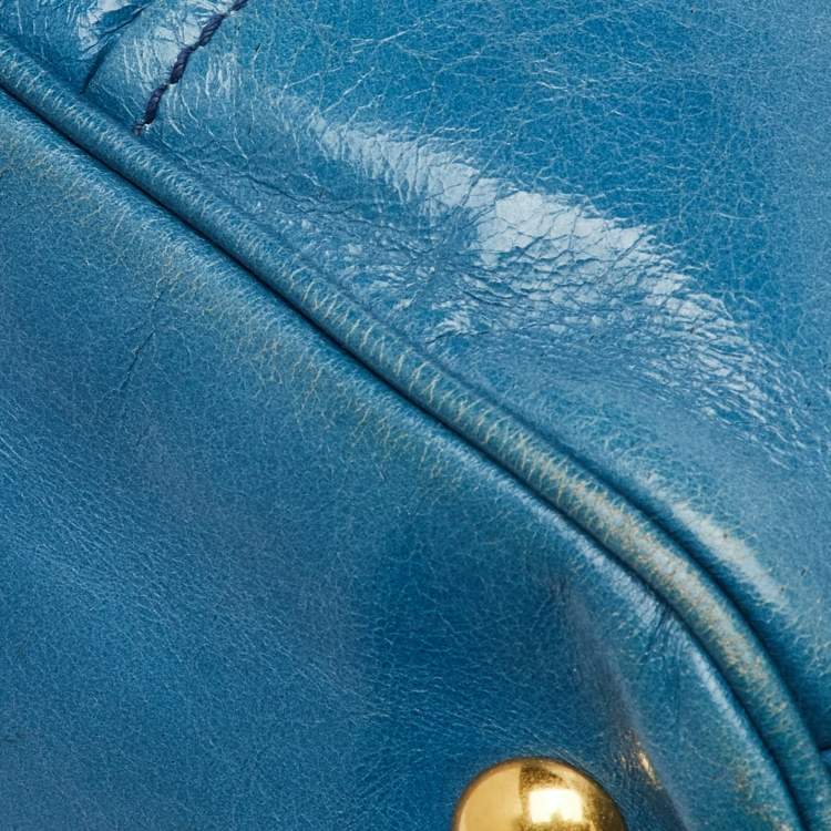 Pre Owned Miu Miu Blue Vitello Shine Leather Double Zip Tote