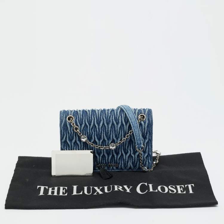 Pre Owned Miu Miu Blue Matelassé Denim Crystals Chain Bag