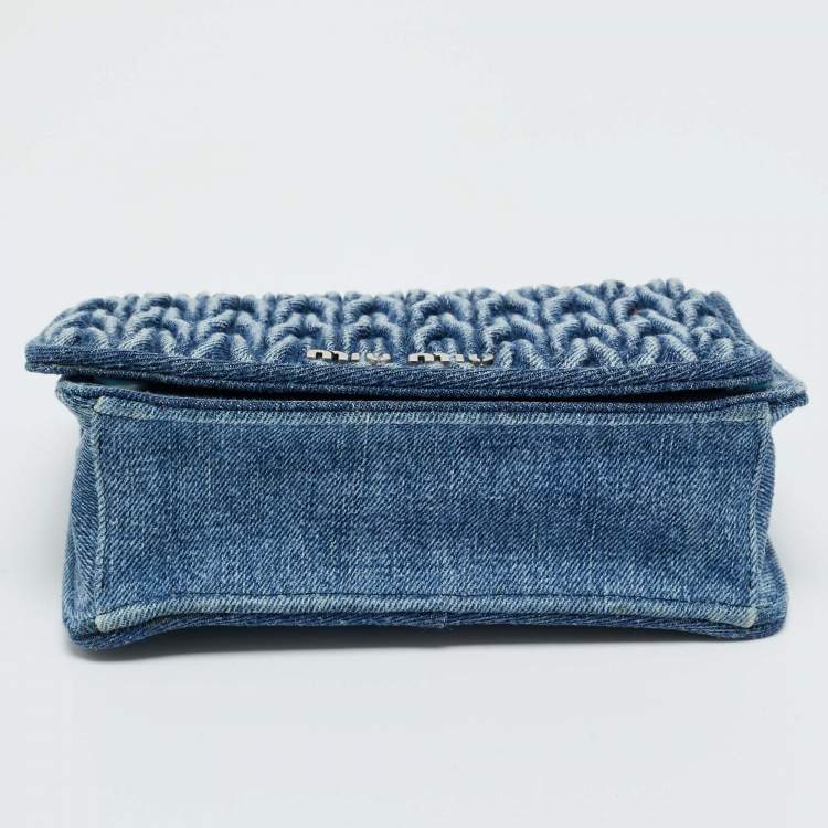 Pre Owned Miu Miu Blue Matelassé Denim Crystals Chain Bag