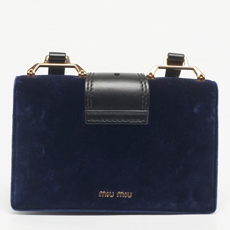 Pre Owned Miu Miu Navy Blue/Black Velvet and Leather Crystal Embellished Buckle Flap Bag
