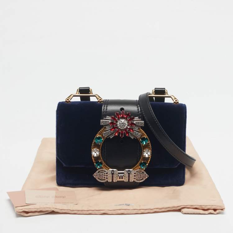 Pre Owned Miu Miu Navy Blue/Black Velvet and Leather Crystal Embellished Buckle Flap Bag