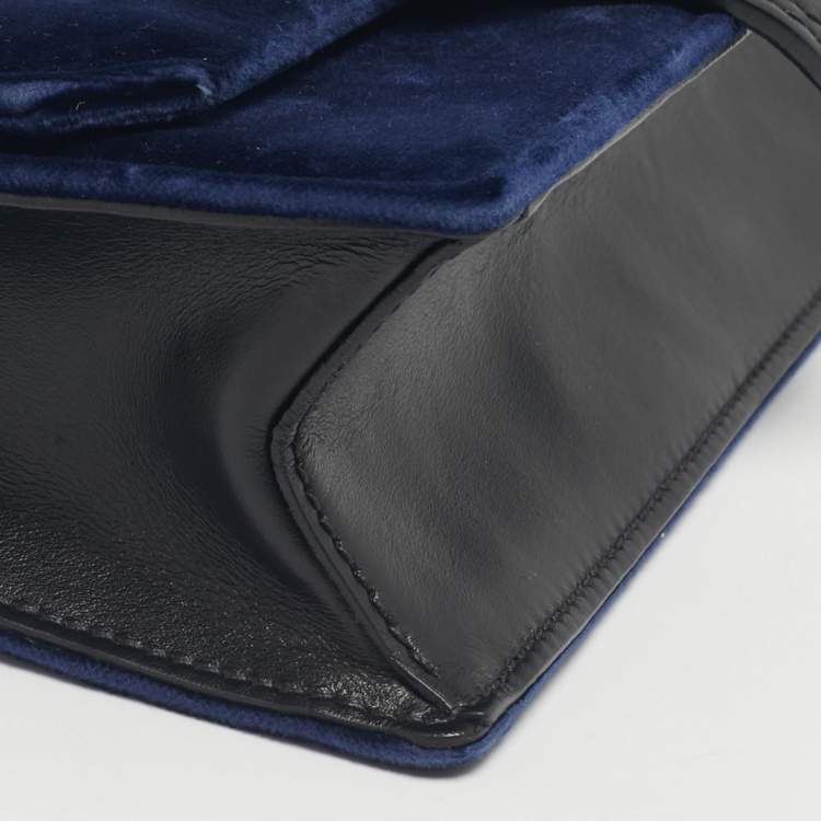 Pre Owned Miu Miu Navy Blue/Black Velvet and Leather Crystal Embellished Buckle Flap Bag