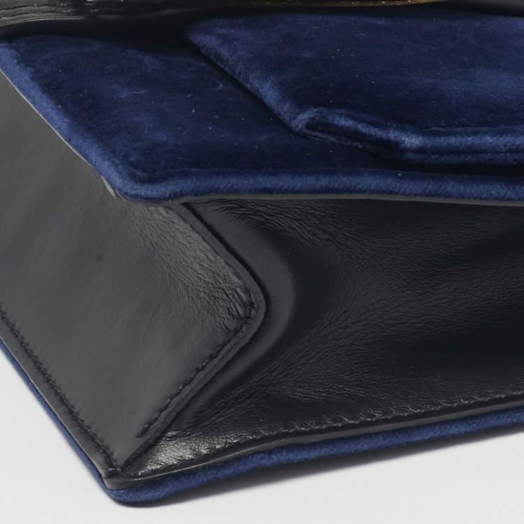 Pre Owned Miu Miu Navy Blue/Black Velvet and Leather Crystal Embellished Buckle Flap Bag