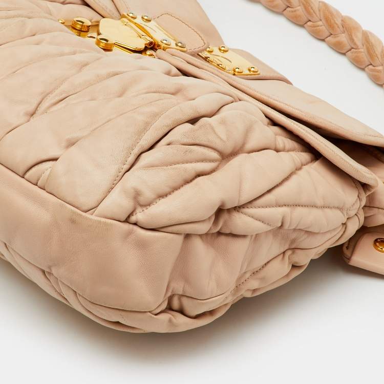Pre Owned Miu Miu Light Beige Matelasse Lux Leather Small Coffer Hobo