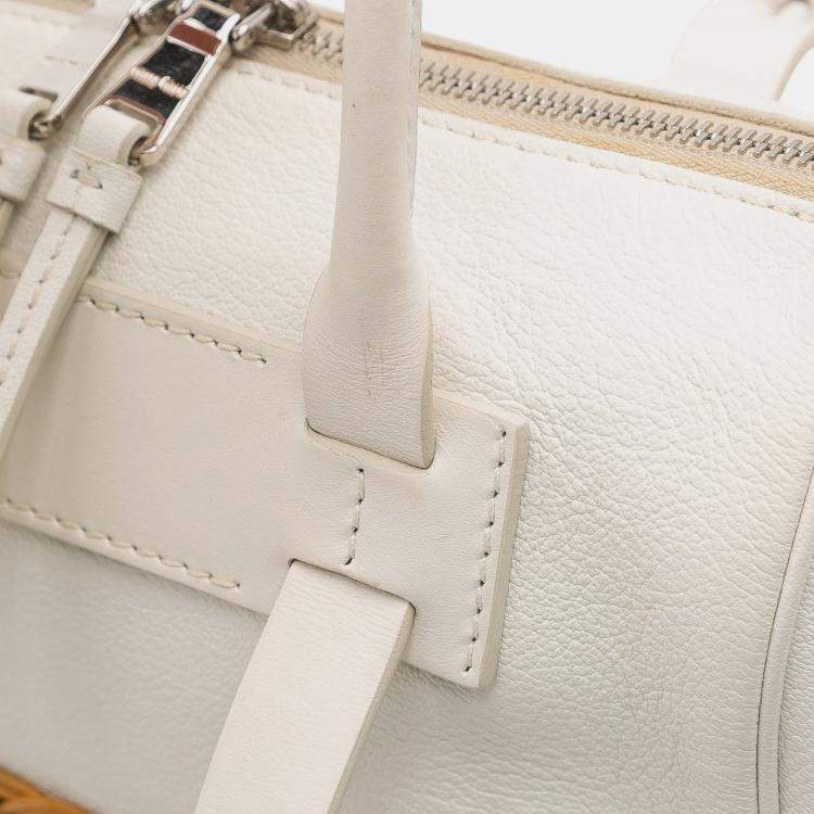 Pre Owned Miu Miu Brown White Wicker Trimmed Leather Top Handle Bag