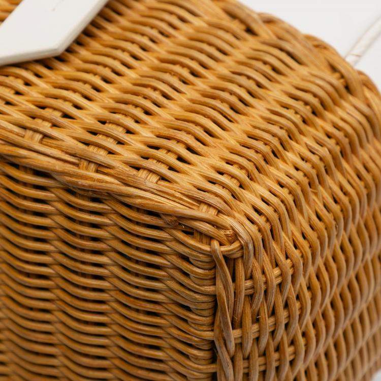 Pre Owned Miu Miu Brown White Wicker Trimmed Leather Top Handle Bag