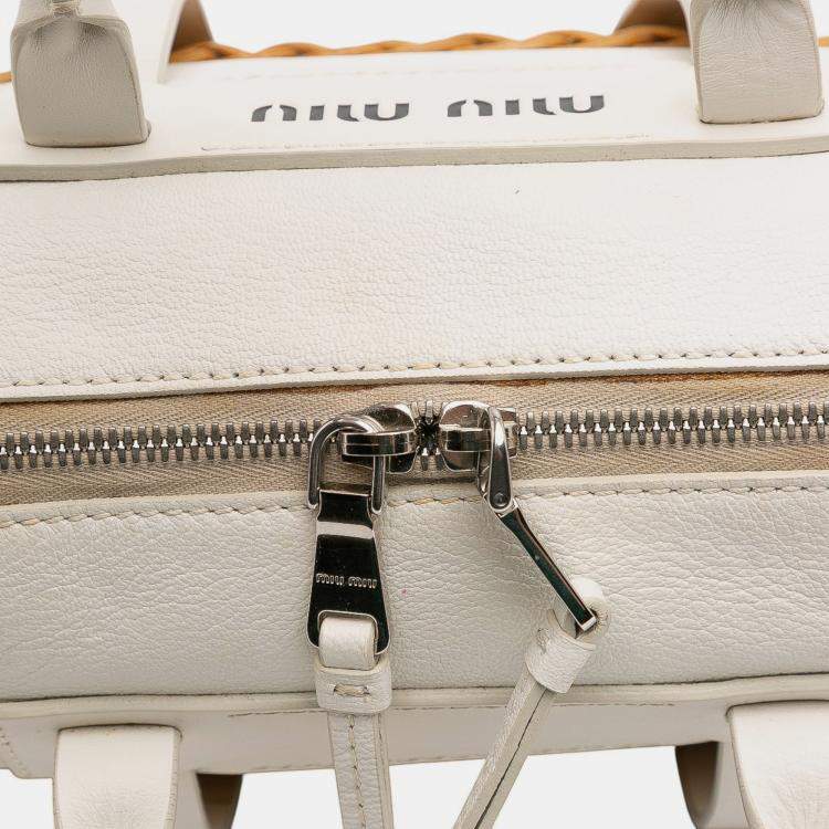 Pre Owned Miu Miu Brown White Wicker Trimmed Leather Top Handle Bag