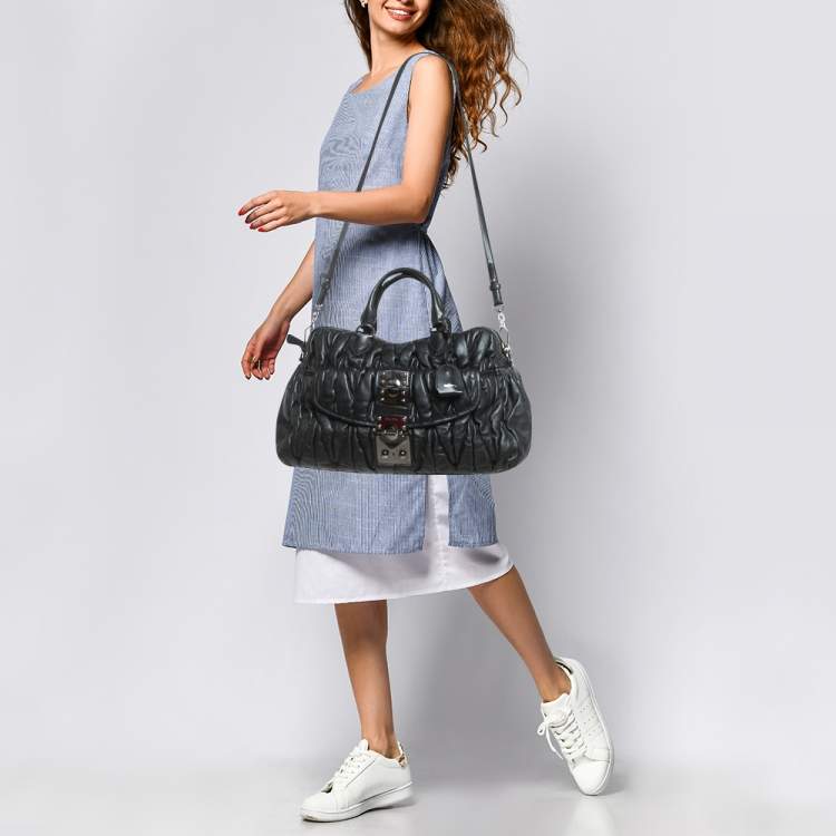 Pre Owned Miu Miu Black Matelasse Leather Pocket Satchel