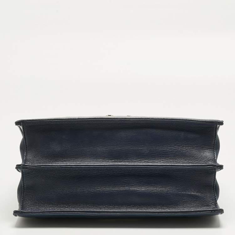 Pre Owned Miu Miu Navy Blue Matelassé Leather Pushlock Flap Top Handle Bag