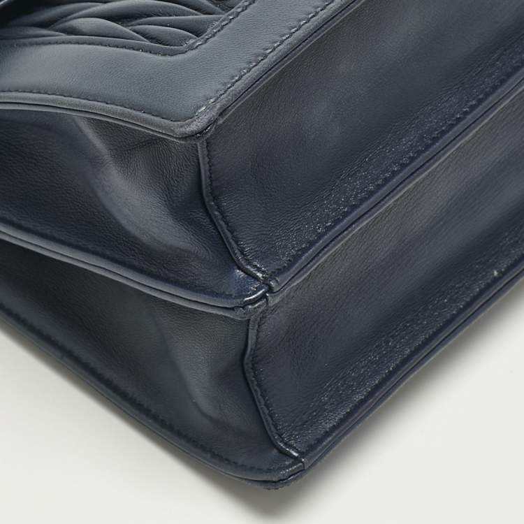 Pre Owned Miu Miu Navy Blue Matelassé Leather Pushlock Flap Top Handle Bag