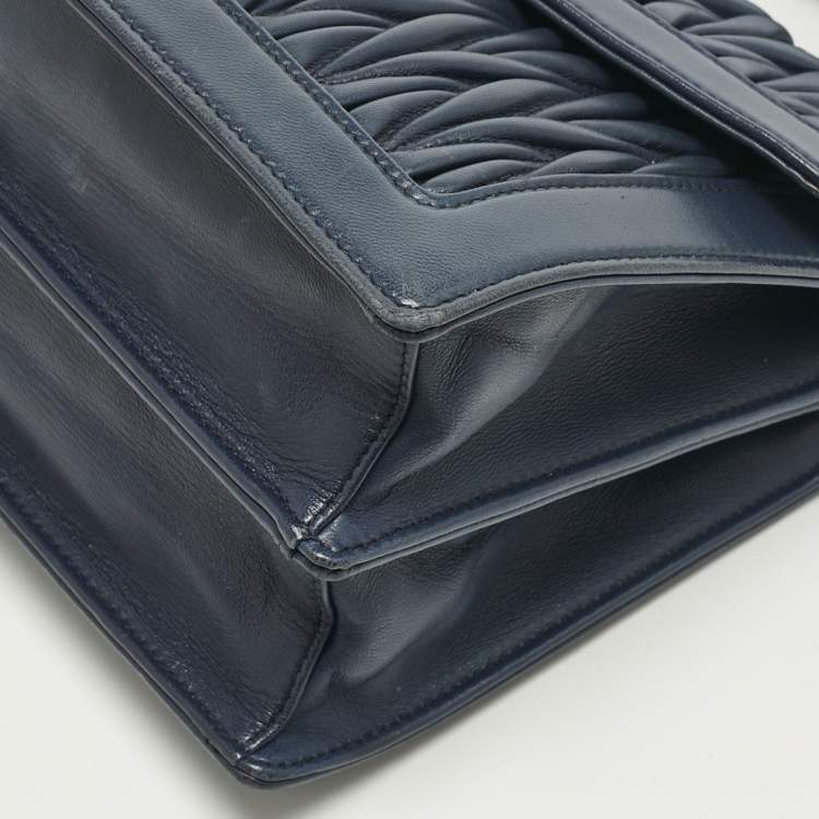 Pre Owned Miu Miu Navy Blue Matelassé Leather Pushlock Flap Top Handle Bag