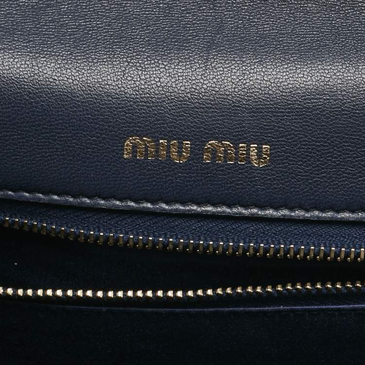 Pre Owned Miu Miu Navy Blue Matelassé Leather Pushlock Flap Top Handle Bag