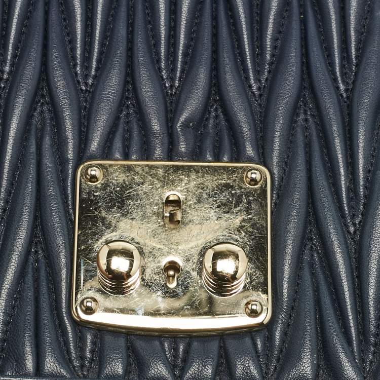 Pre Owned Miu Miu Navy Blue Matelassé Leather Pushlock Flap Top Handle Bag