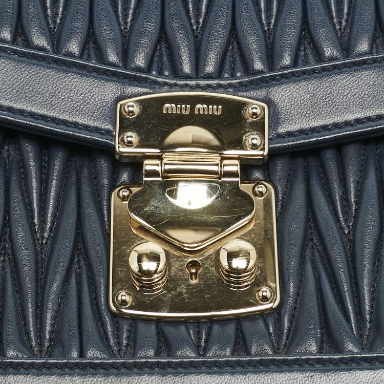 Pre Owned Miu Miu Navy Blue Matelassé Leather Pushlock Flap Top Handle Bag