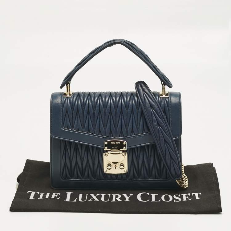 Pre Owned Miu Miu Navy Blue Matelassé Leather Pushlock Flap Top Handle Bag
