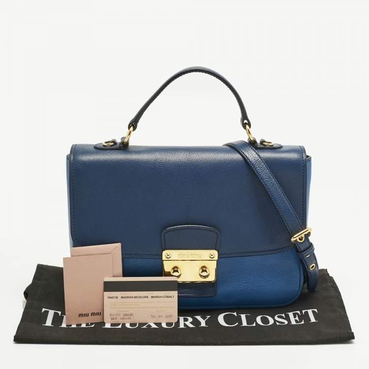 Pre Owned Miu Miu Two Tone Blue Madras Leather Push Lock Flap Top Handle Bag