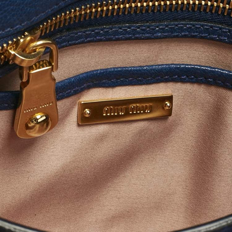 Pre Owned Miu Miu Two Tone Blue Madras Leather Push Lock Flap Top Handle Bag
