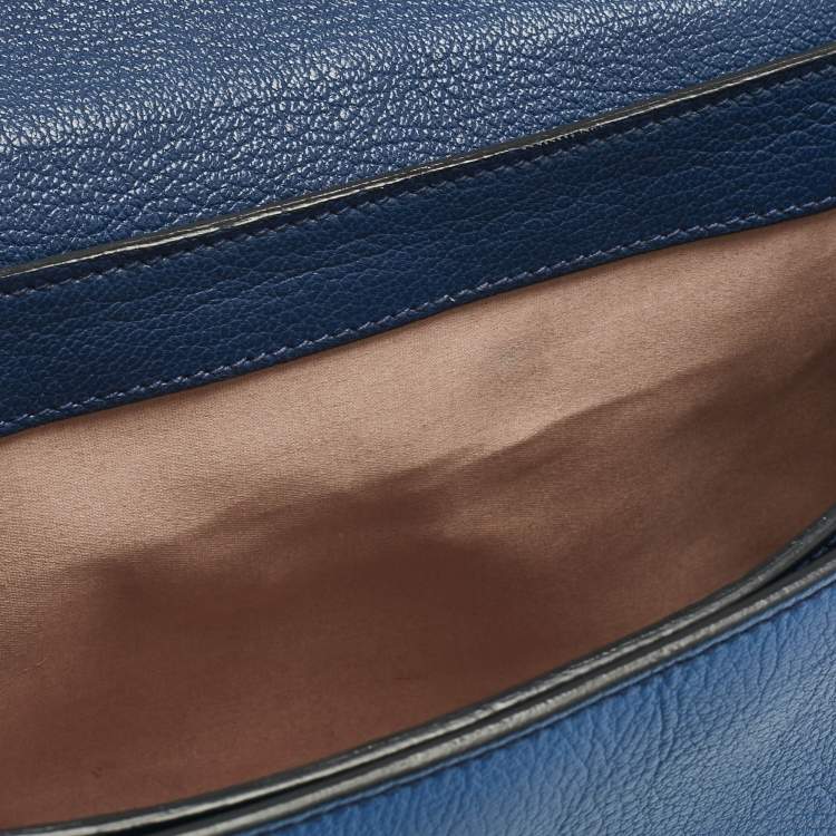 Pre Owned Miu Miu Two Tone Blue Madras Leather Push Lock Flap Top Handle Bag