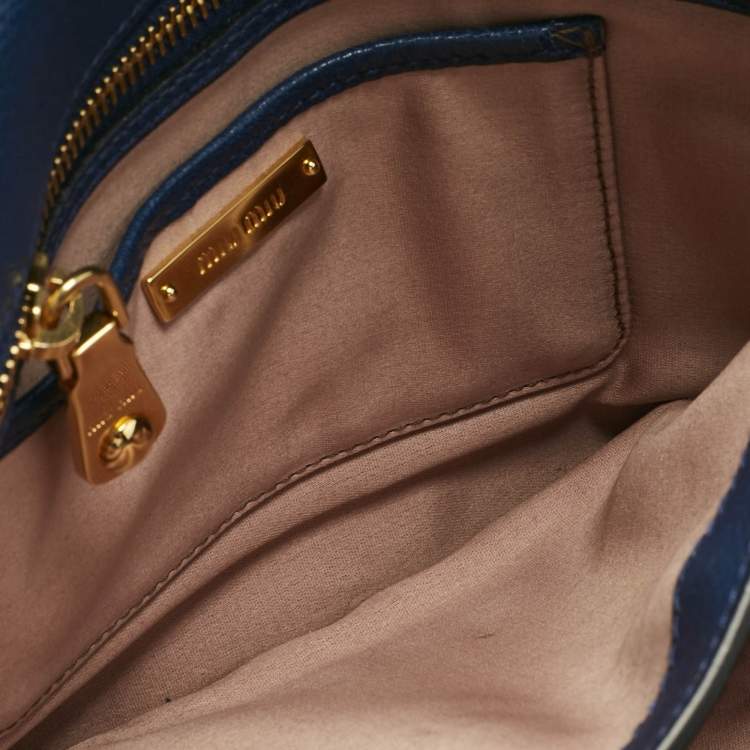 Pre Owned Miu Miu Two Tone Blue Madras Leather Push Lock Flap Top Handle Bag