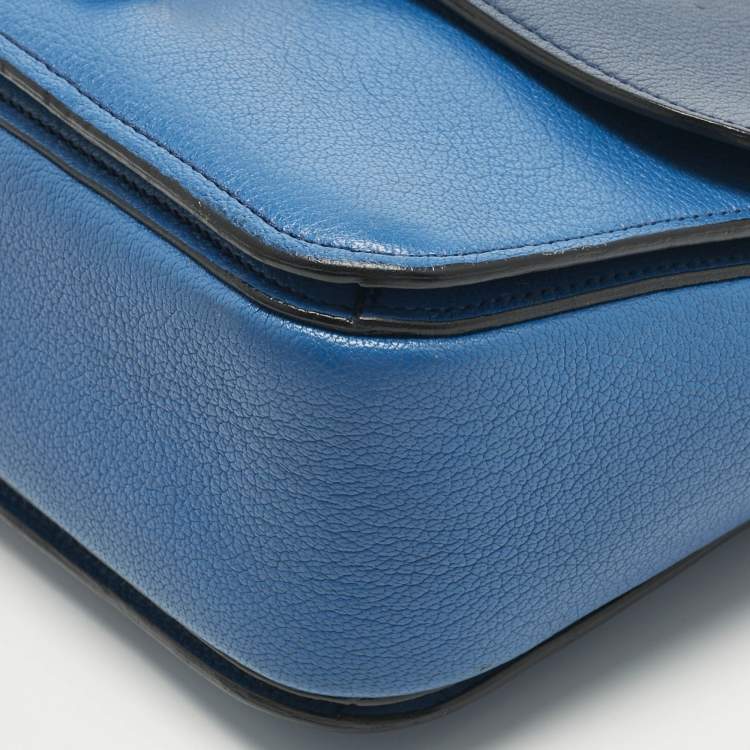 Pre Owned Miu Miu Two Tone Blue Madras Leather Push Lock Flap Top Handle Bag