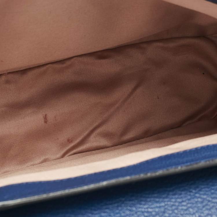 Pre Owned Miu Miu Two Tone Blue Madras Leather Push Lock Flap Top Handle Bag