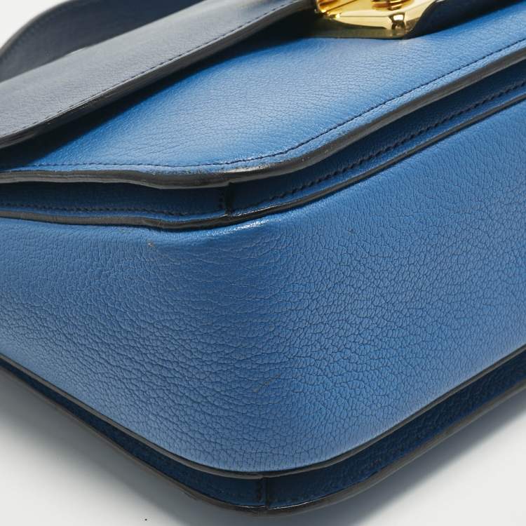 Pre Owned Miu Miu Two Tone Blue Madras Leather Push Lock Flap Top Handle Bag