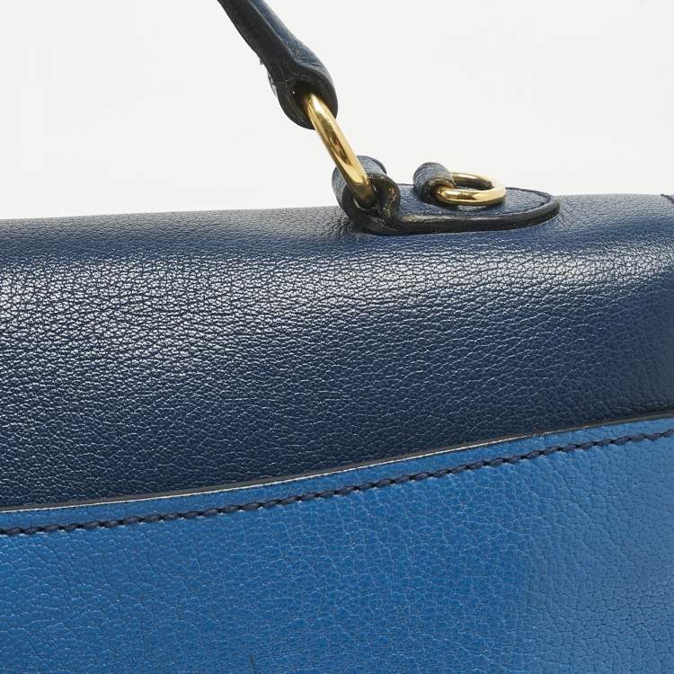 Pre Owned Miu Miu Two Tone Blue Madras Leather Push Lock Flap Top Handle Bag