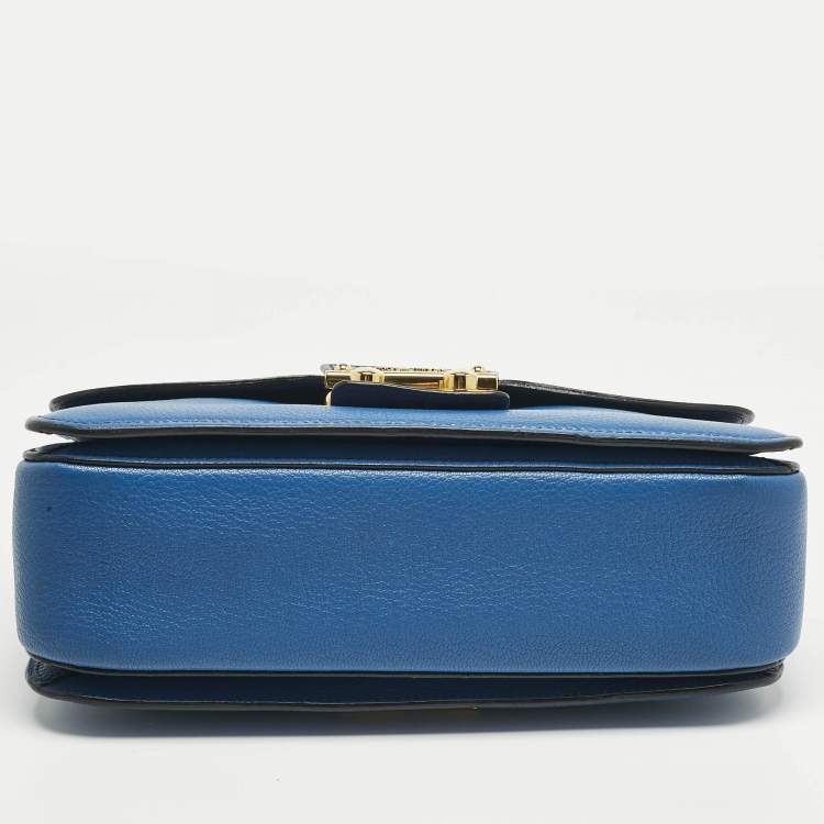 Pre Owned Miu Miu Two Tone Blue Madras Leather Push Lock Flap Top Handle Bag
