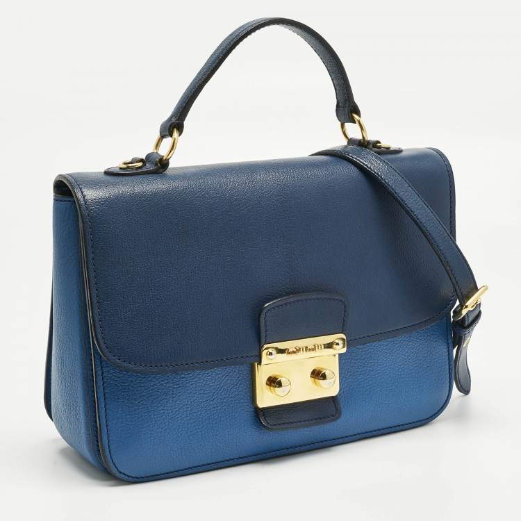 Pre Owned Miu Miu Two Tone Blue Madras Leather Push Lock Flap Top Handle Bag