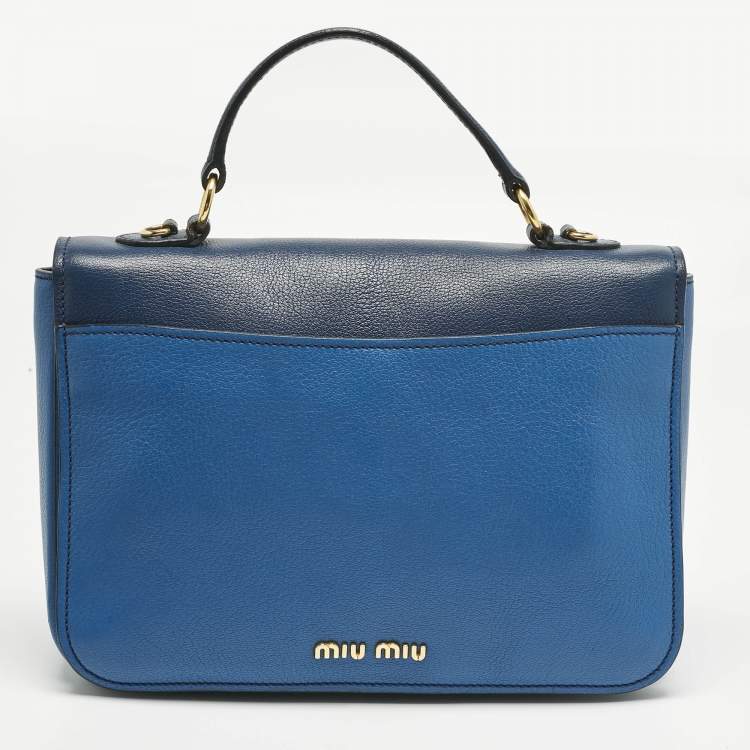Pre Owned Miu Miu Two Tone Blue Madras Leather Push Lock Flap Top Handle Bag