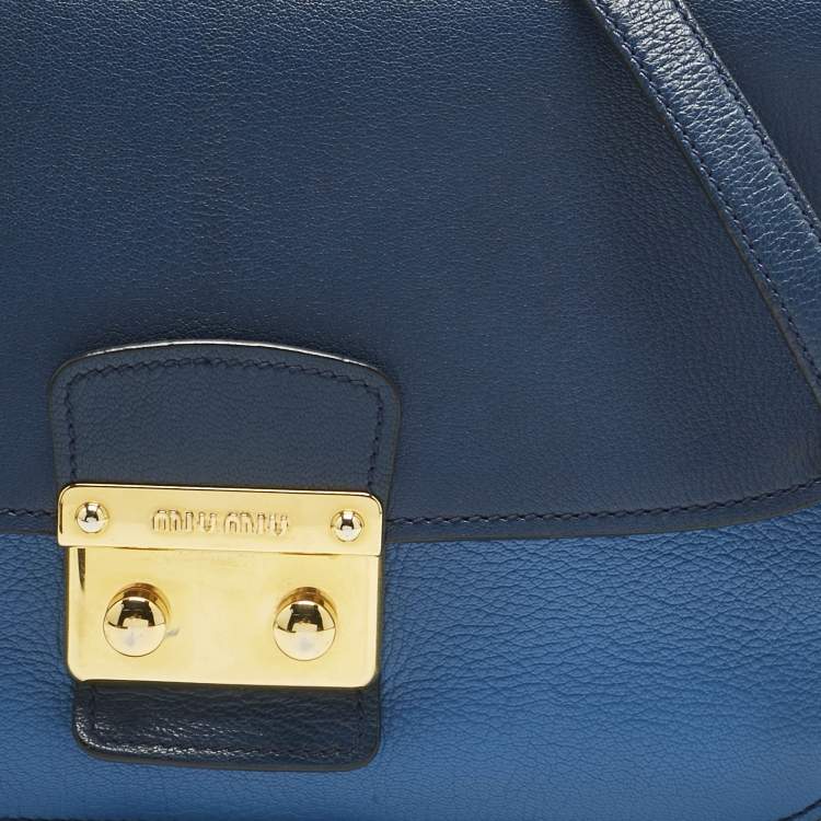 Pre Owned Miu Miu Two Tone Blue Madras Leather Push Lock Flap Top Handle Bag