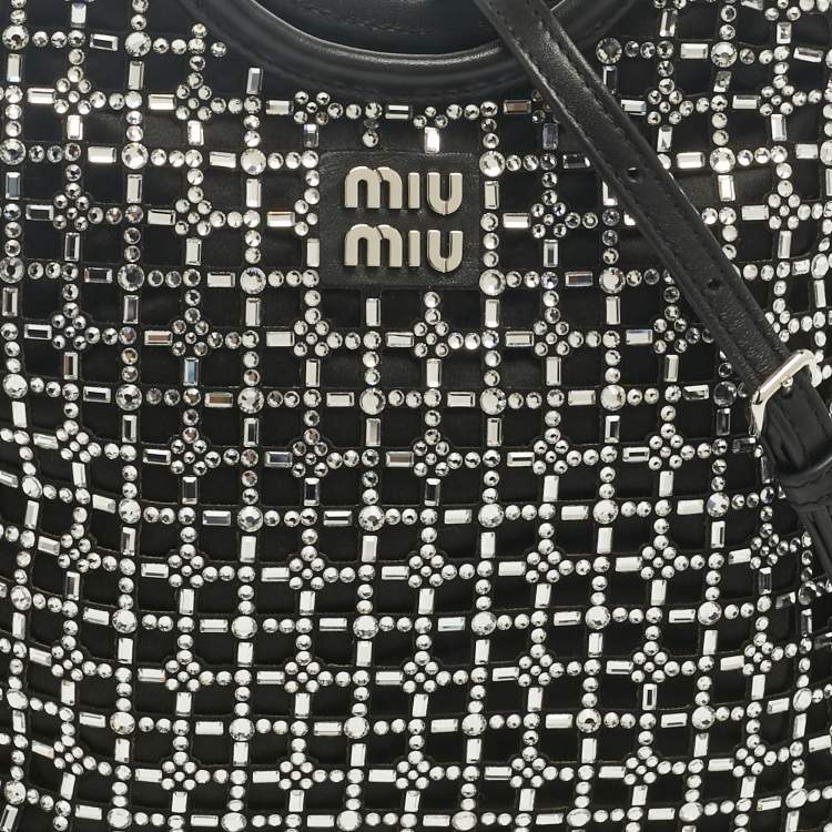 Pre Owned Miu Miu Black Leather and Satin Crystal Embellished Tote