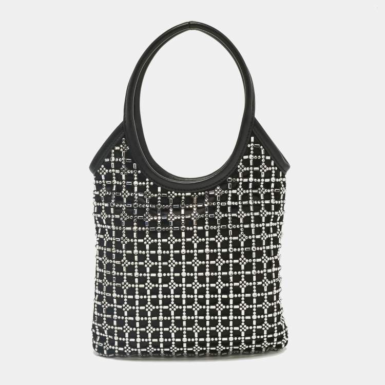 Pre Owned Miu Miu Black Leather and Satin Crystal Embellished Tote