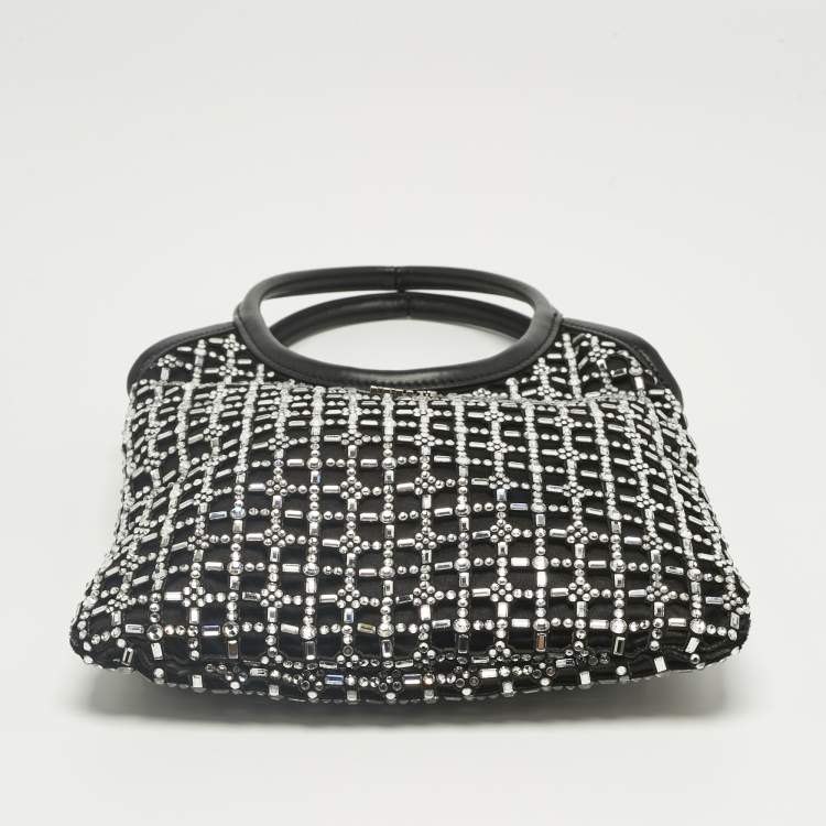 Pre Owned Miu Miu Black Leather and Satin Crystal Embellished Tote