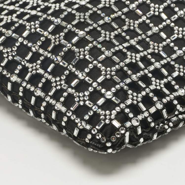 Pre Owned Miu Miu Black Leather and Satin Crystal Embellished Tote