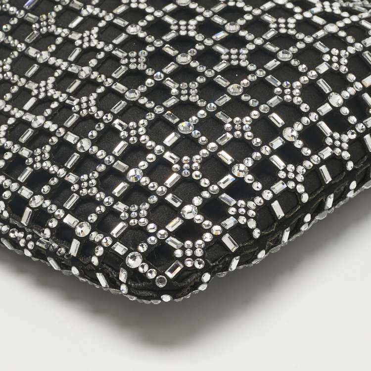 Pre Owned Miu Miu Black Leather and Satin Crystal Embellished Tote