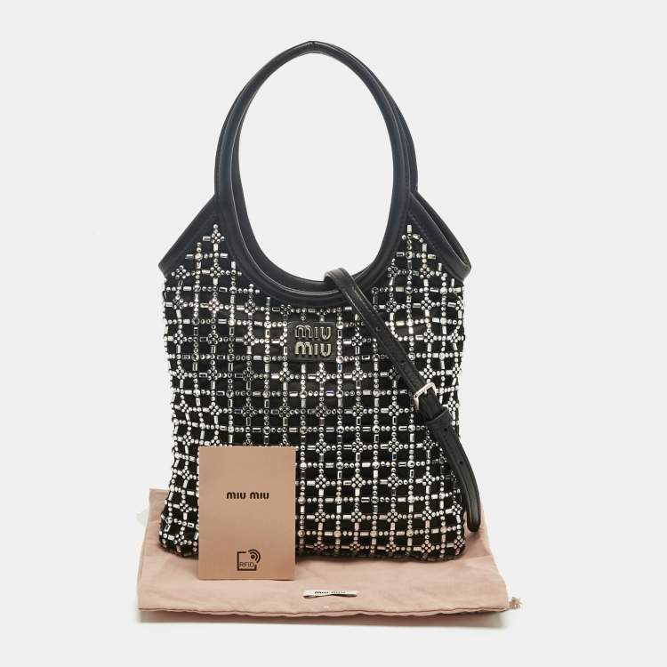 Pre Owned Miu Miu Black Leather and Satin Crystal Embellished Tote