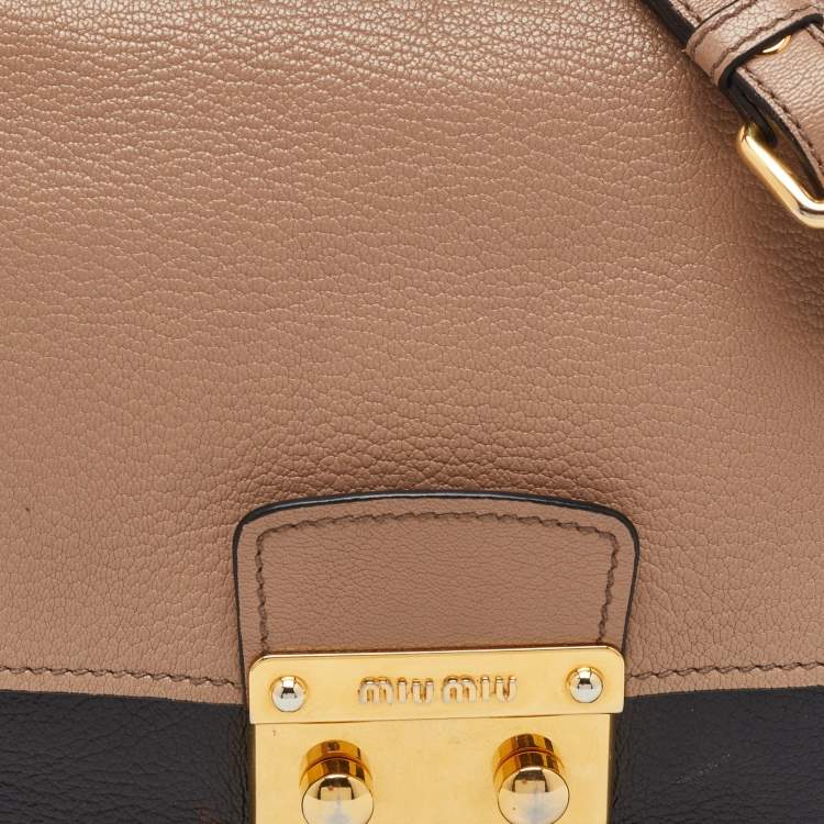Pre Owned Miu Miu Black/Beige Leather Push Lock Flap Top Handle Bag