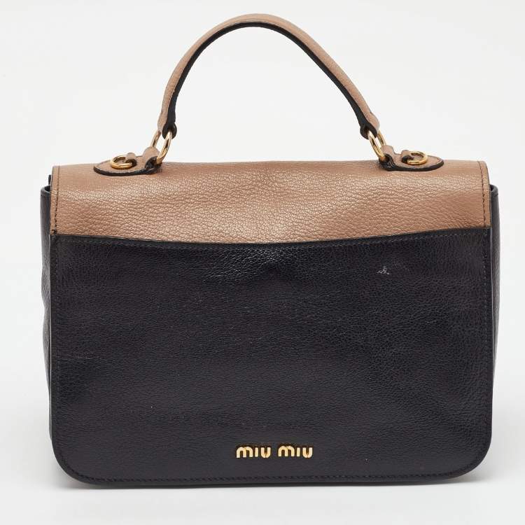 Pre Owned Miu Miu Black/Beige Leather Push Lock Flap Top Handle Bag
