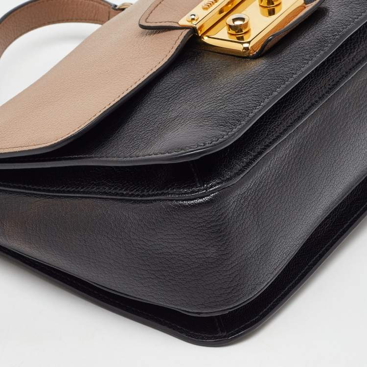 Pre Owned Miu Miu Black/Beige Leather Push Lock Flap Top Handle Bag