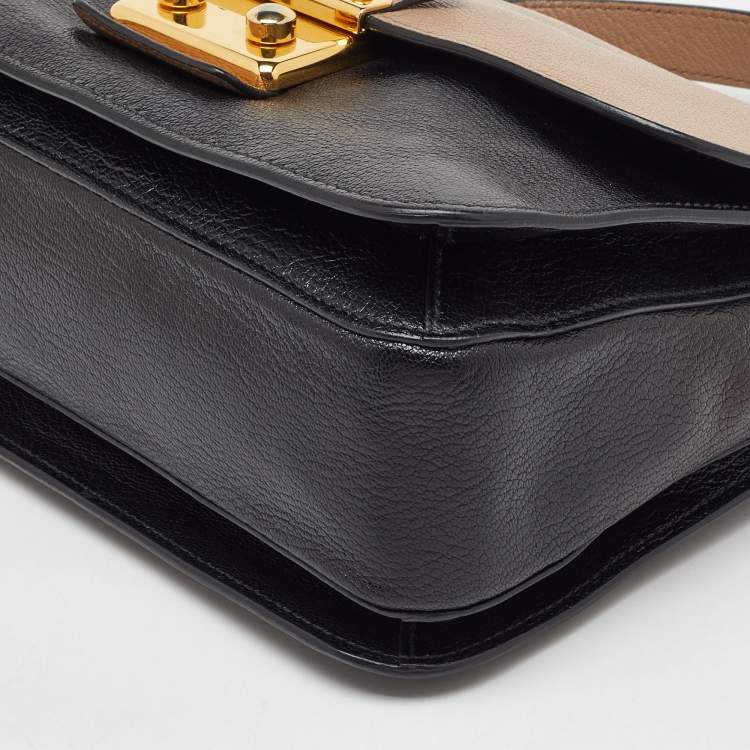 Pre Owned Miu Miu Black/Beige Leather Push Lock Flap Top Handle Bag