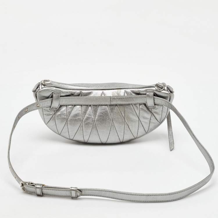 Pre Owned Miu Miu Metallic Silver Matelassé Leather Belt Bag