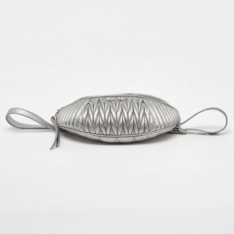 Pre Owned Miu Miu Metallic Silver Matelassé Leather Belt Bag