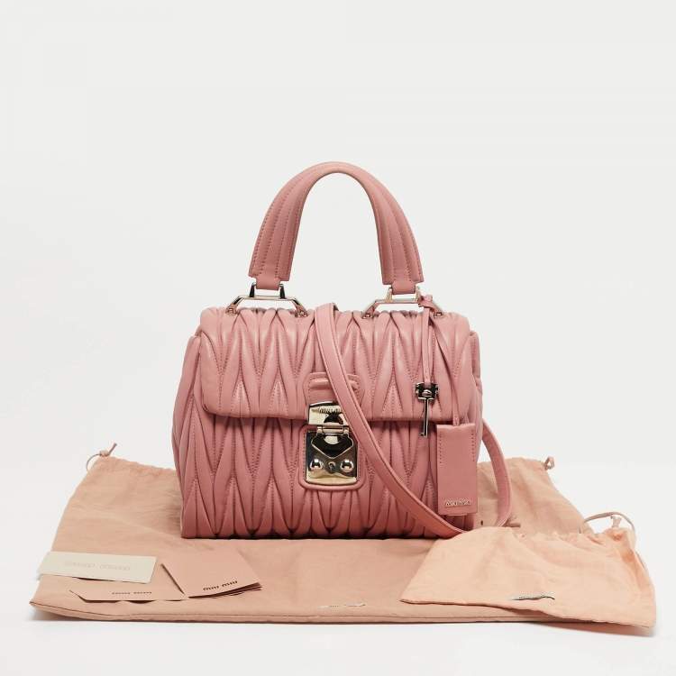 Pre Owned Miu Miu Pink Matelassé Leather Flap Top Handle Bag