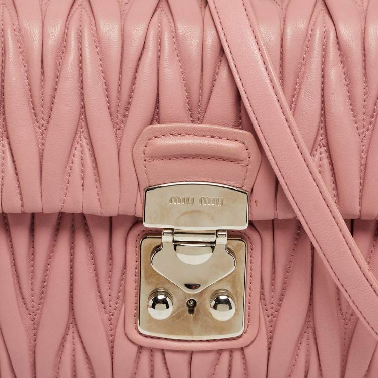Pre Owned Miu Miu Pink Matelassé Leather Flap Top Handle Bag