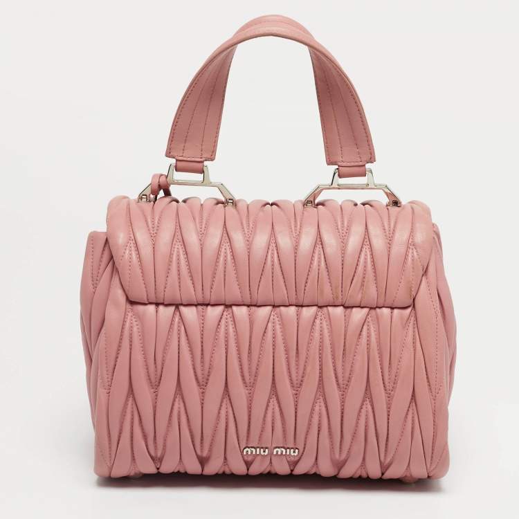 Pre Owned Miu Miu Pink Matelassé Leather Flap Top Handle Bag