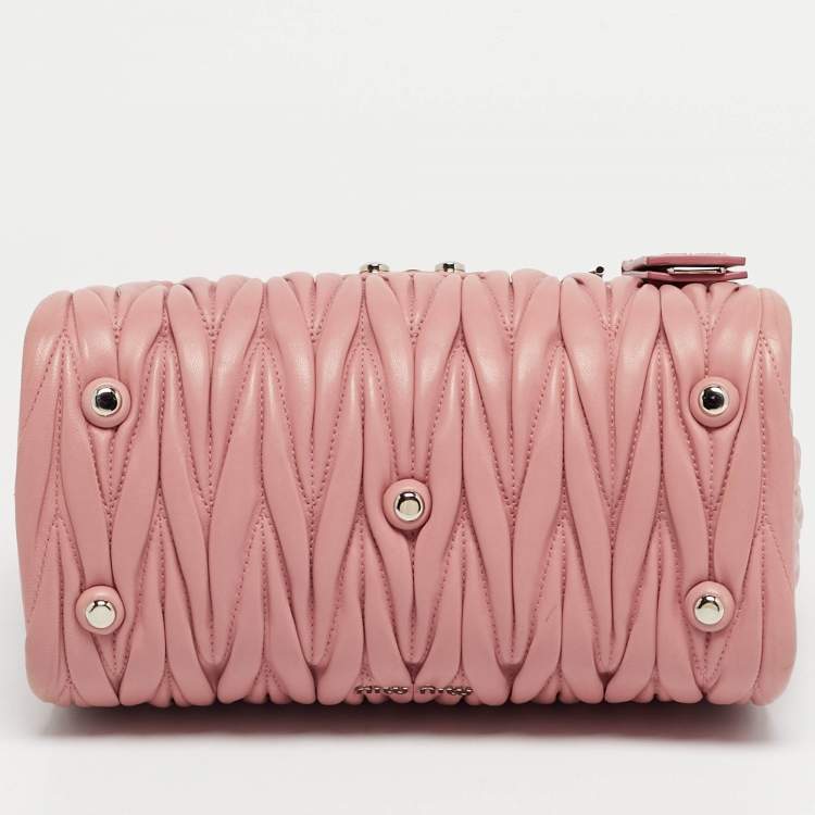Pre Owned Miu Miu Pink Matelassé Leather Flap Top Handle Bag