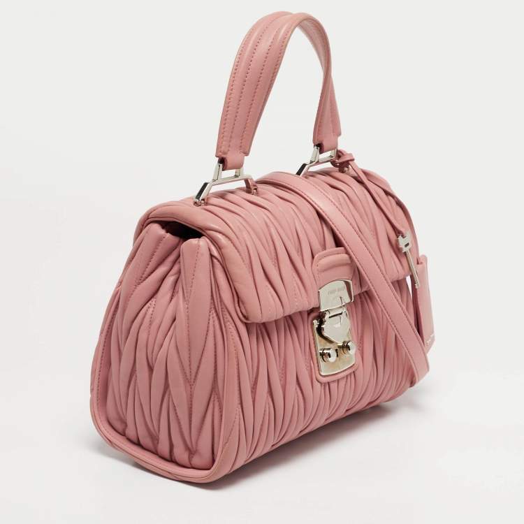 Pre Owned Miu Miu Pink Matelassé Leather Flap Top Handle Bag
