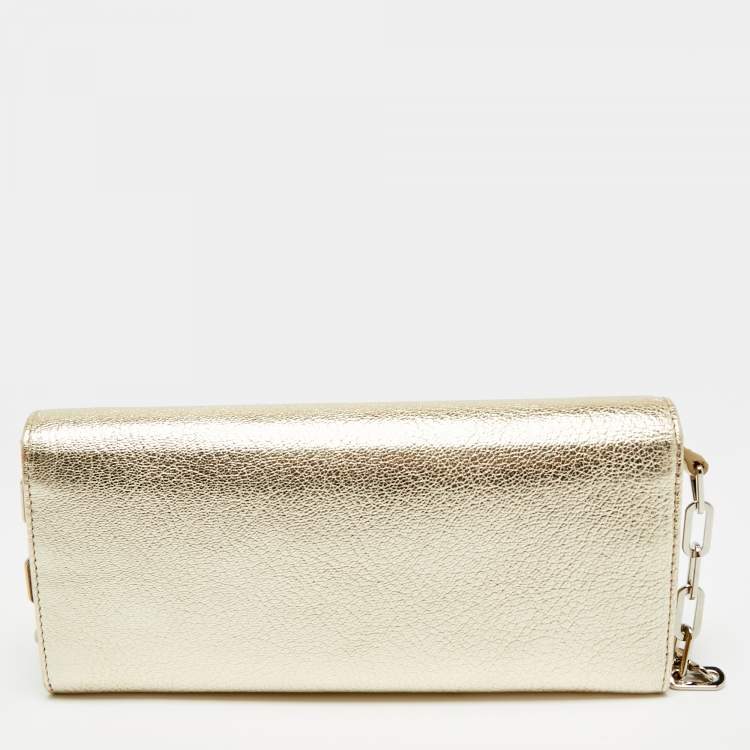 Pre Owned Miu Miu Gold Madras Ricamo Leather Crystal Embellished Chain Clutch